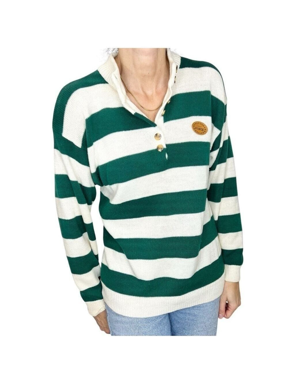 Vintage 90s preppy collegiate green beige stripe buttoned mock neck sweater 34